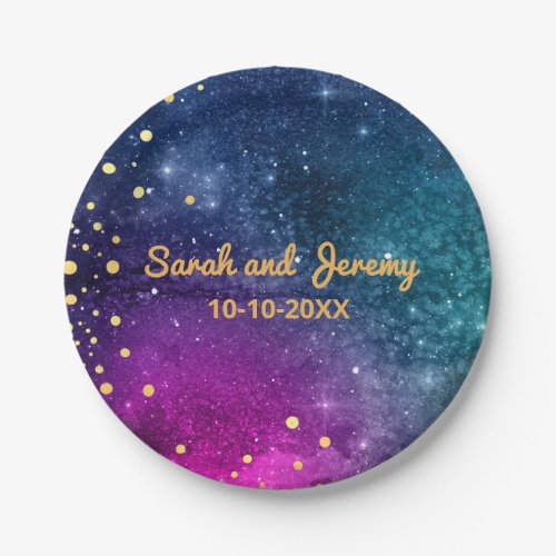 Modern Peacock Blue Gold Watercolor Wedding Paper Plates