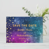 Modern Peacock Blue Gold Watercolor Wedding Save The Date (Standing Front)