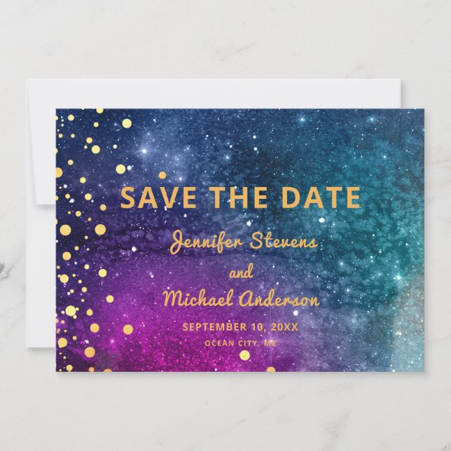 Modern Peacock Blue Gold Watercolor Wedding Save The Date (Front)