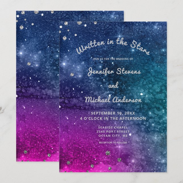 Modern Peacock Blue Silver Watercolor Wedding Invitation (Front/Back)