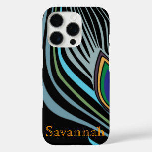 Modern Peacock Feather Black Turquoise Your Name iPhone 16 Pro Case