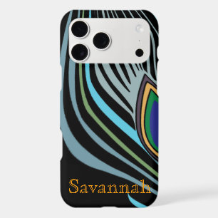 Modern Peacock Feather Black Turquoise Your Name iPhone 17 Pro Max Case