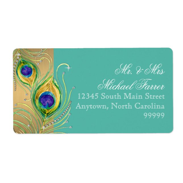 Modern Peacock Feather Faux Jewel Scroll Turquoise Label (Front)