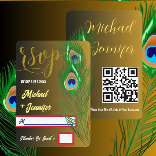 Modern Peacock Feather Golden Black Custom Wedding RSVP Card