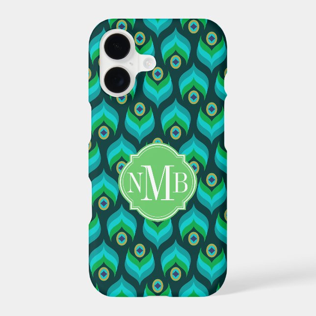 Modern Peacock Feather Pattern Monogram Case-Mate iPhone Case (Back)