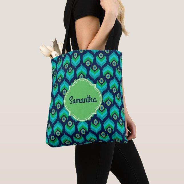 Modern Peacock Feather Pattern Name Tote Bag (Close Up)