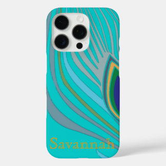 Modern Peacock Feather Personalized Damask iPhone 16 Pro Case
