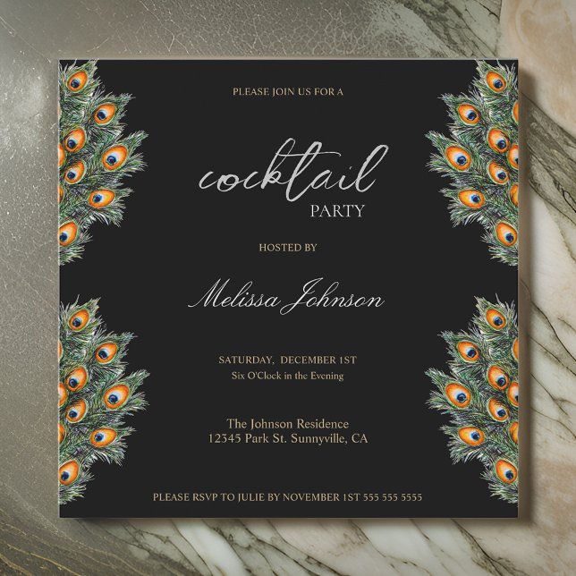 Modern Peacock Feathers Cocktail Party Invitation (Creator Uploaded)