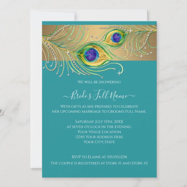 Modern Peacock Feathers Faux Jewel Bridal Shower Invitation (Front)