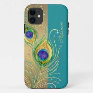 Modern Peacock Feathers Faux Jewel Scroll Swirl iPhone 11 Case
