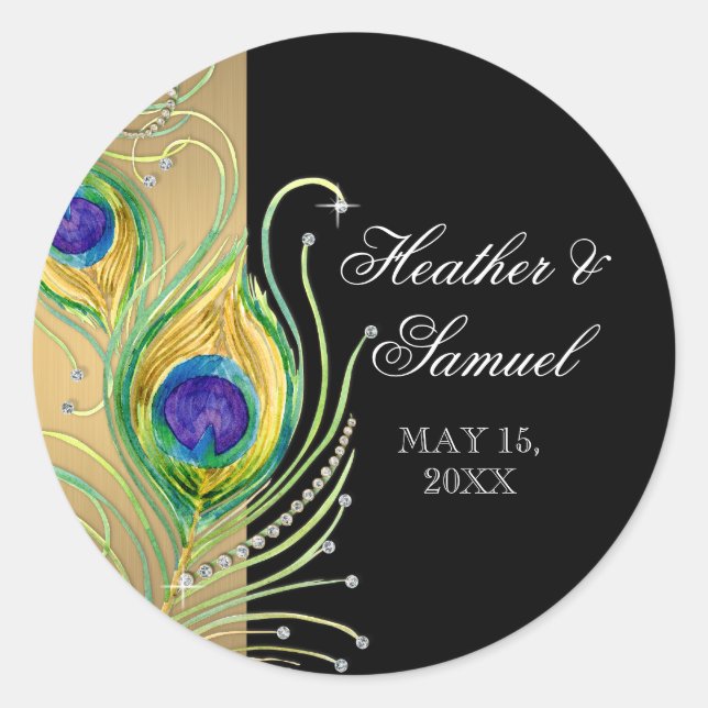 Modern Peacock Feathers Faux Jewel Scroll Swirl Classic Round Sticker (Front)
