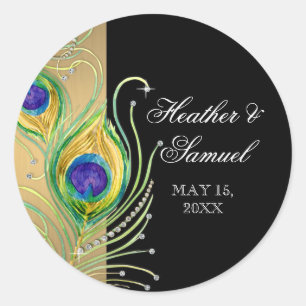 Modern Peacock Feathers Faux Jewel Scroll Swirl Classic Round Sticker