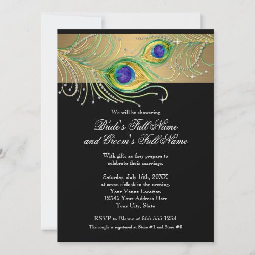 Modern Peacock Feathers Faux Jewel Scroll Swirl Personalized Announcement