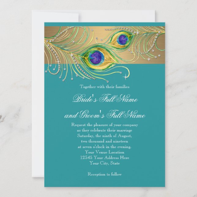 Modern Peacock Feathers Faux Jewel Scroll Swirl Invitation (Front)