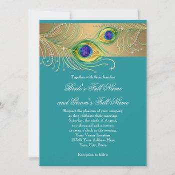 Modern Peacock Feathers Faux Jewel Scroll Swirl Invitation by PatternsModerne at Zazzle