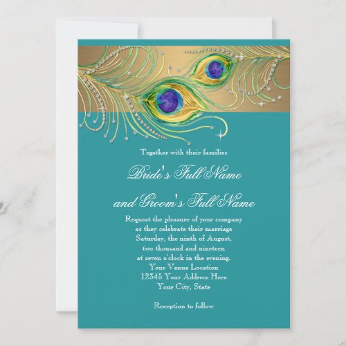 Modern Peacock Feathers Faux Jewel Scroll Swirl Invitation