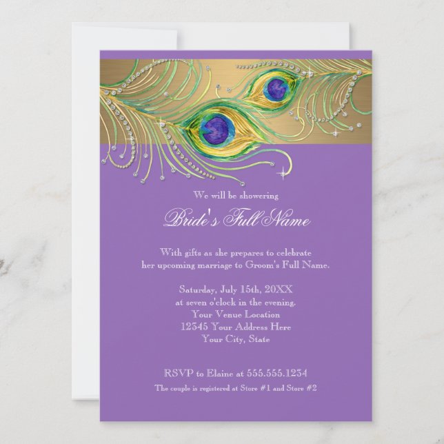 Modern Peacock Feathers Faux Jewel Scroll Swirl Invitation (Front)