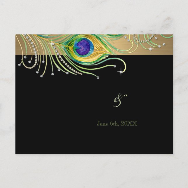 Modern Peacock Feathers Faux Jewel Scroll Swirl Invitation Postcard (Front)