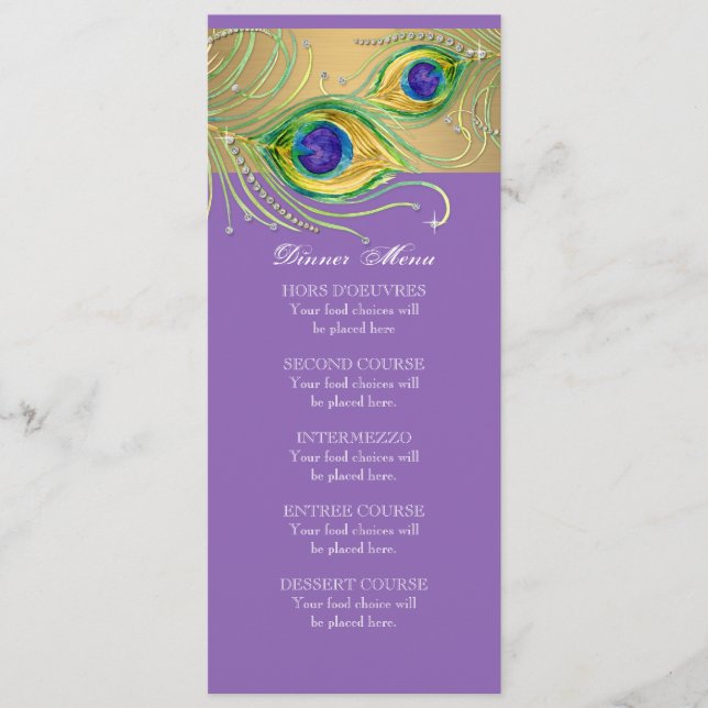 Modern Peacock Feathers Faux Jewel Scroll Swirl Menu (Front)