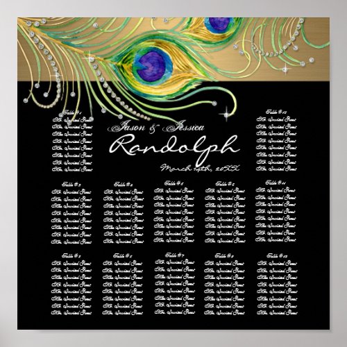 Modern Peacock Feathers Faux Jewel Scroll Swirl Poster