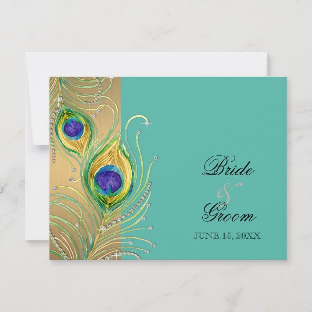 Modern Peacock Feathers Faux Jewel Scroll Swirl RSVP Card (Front)