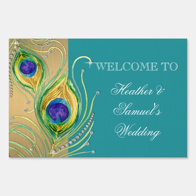 Modern Peacock Feathers Faux Jewel Scroll Swirl Yard Sign (Back)