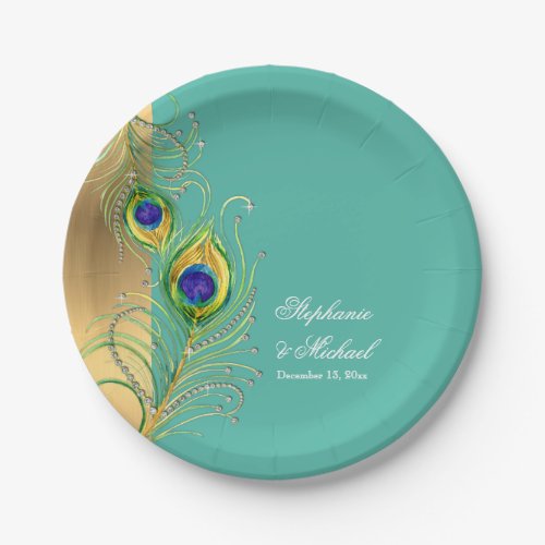 Modern Peacock Feathers Faux Jewel Scroll Weddings Paper Plates