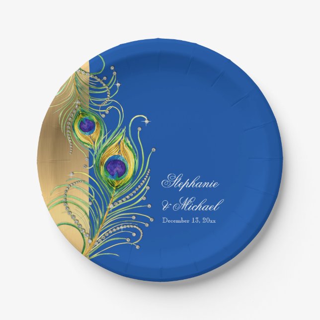Modern Peacock Feathers Faux Jewel Scroll Weddings Paper Plates (Front)
