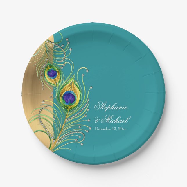 Modern Peacock Feathers Faux Jewel Scroll Weddings Paper Plates (Front)