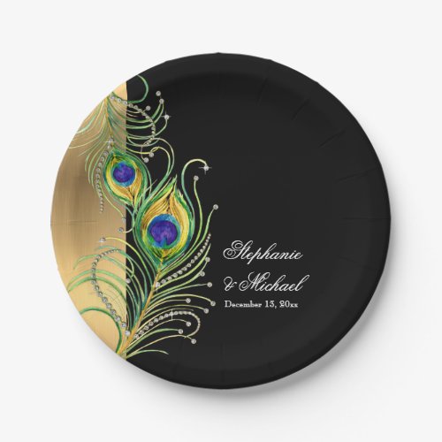 Modern Peacock Feathers Faux Jewel Scroll Weddings Paper Plates