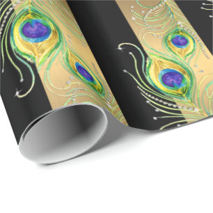 Modern Peacock Feathers Faux Jewel Striped Hearts Wrapping Paper