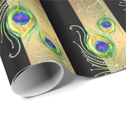 Modern Peacock Feathers Faux Jewel Striped Hearts Wrapping Paper