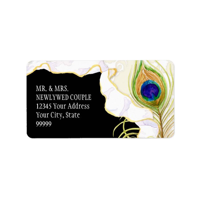 Modern Peacock Feathers Faux Ribbon Damask Swirl Label (Front)