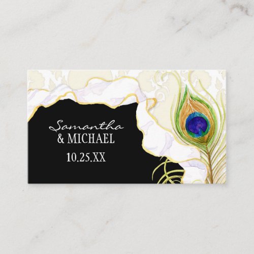 Modern Peacock Feathers Faux Ribbon Damask Swirl Place Card