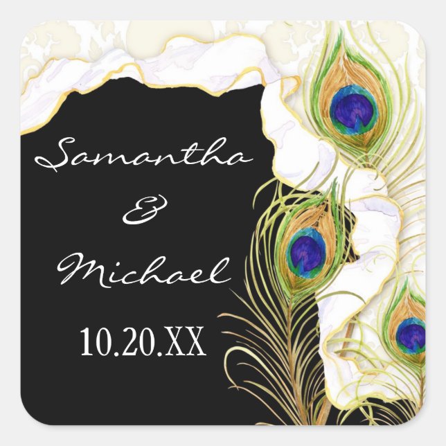 Modern Peacock Feathers Faux Ribbon Damask Swirl Square Sticker (Front)