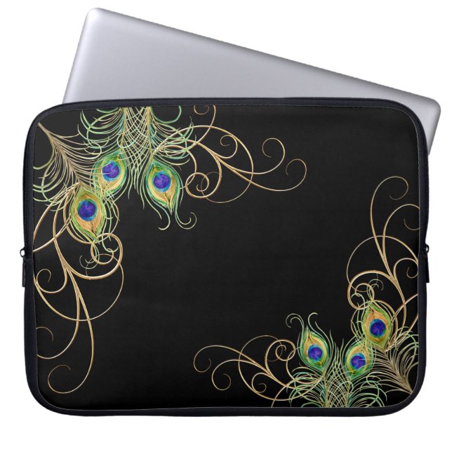 Modern Peacock Feathers Gold Swirl Name Laptop Sleeve (Front)