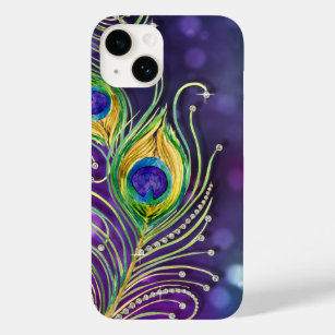 Modern Peacock Feathers Jewels Purple Gold Girly Case-Mate iPhone 14 Case