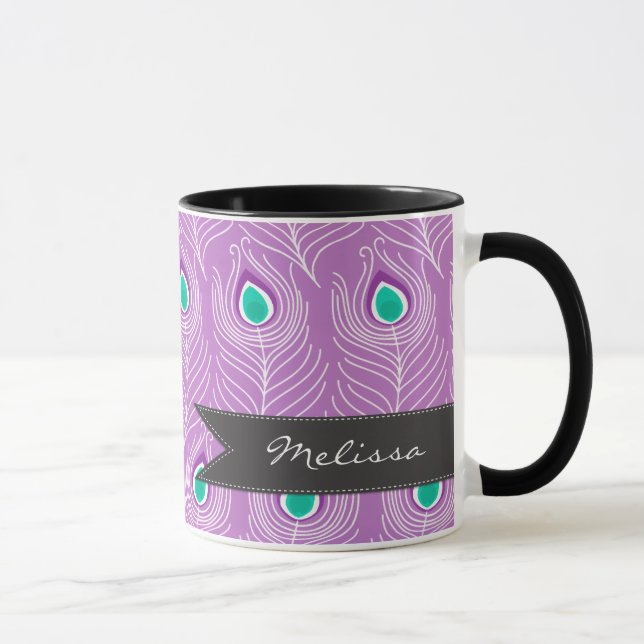 Modern Peacock Feathers Trendy and Personalized Mug (Right)