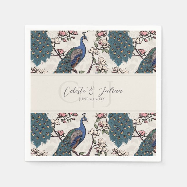Modern Peacock Ivory Chinoiserie Napkins (Front)