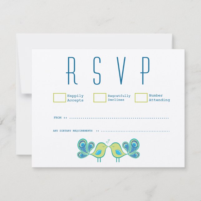 Modern Peacock Love Birds Wedding RSVP Cards (Front)