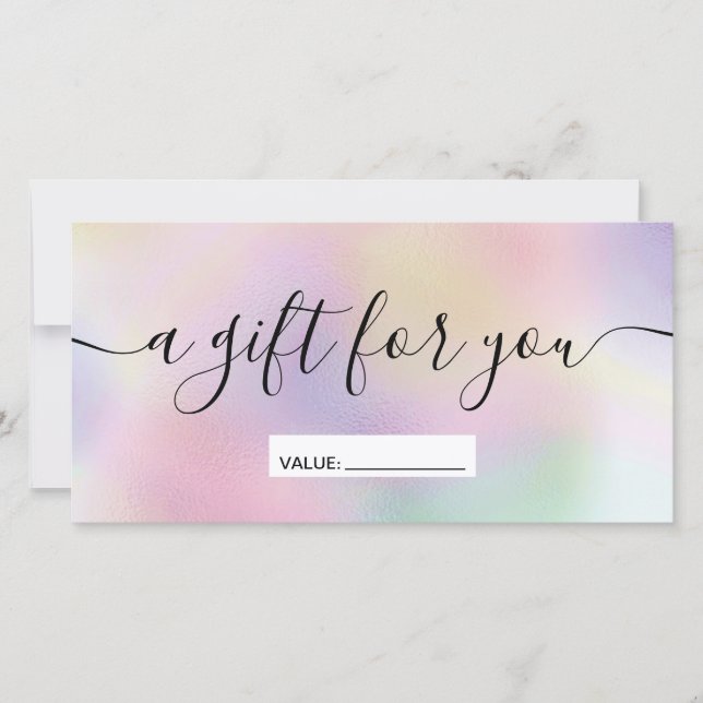 Modern pearl holographic gradient gift certificate (Front)