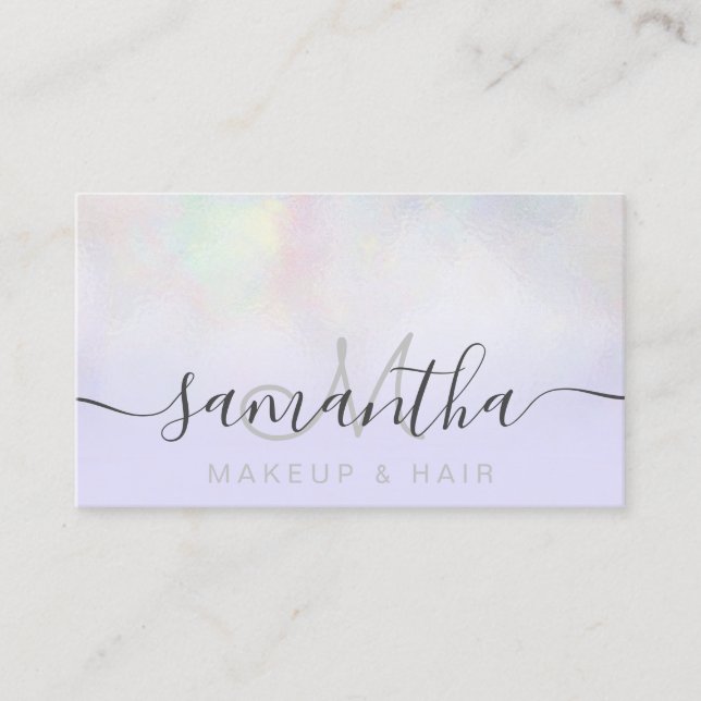 Modern pearl nacre ombre lavender makeup hair business card (Front)
