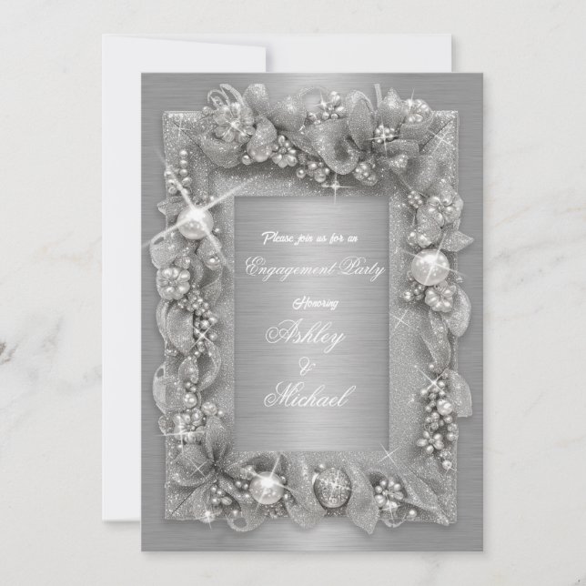 modern pearl silver foil glory chic engagement  invitation (Front)
