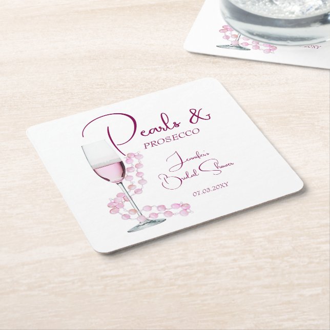Modern Pearls and Prosecco Bridal Shower Wedding Square Paper Coaster (Angled)