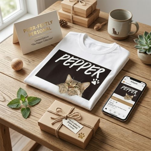 Modern Peeking Cat Custom Pet Photo and Name T-Shirt