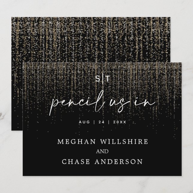 Modern Pencil Us In Edgy Champagne Glitter Invitation (Front/Back)