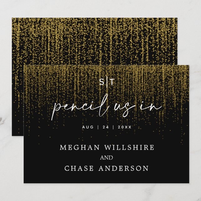 Modern Pencil Us In Edgy Gold Glitter Invitation (Front/Back)