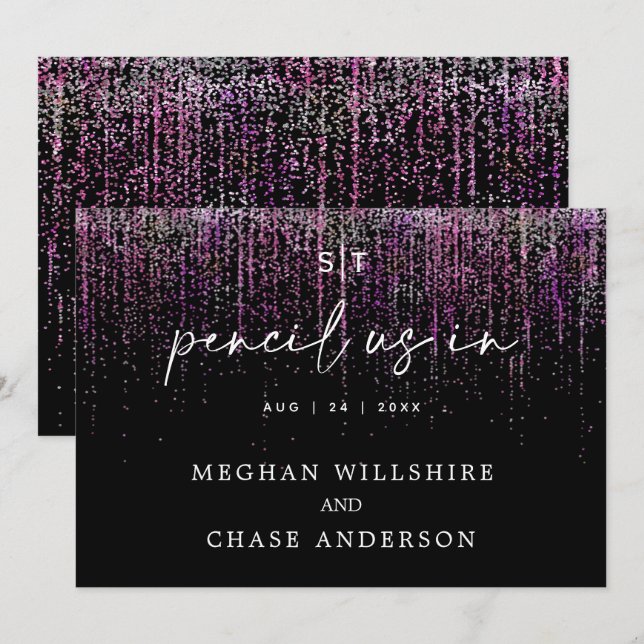 Modern Pencil Us In Edgy Magenta Glitter Invitation (Front/Back)