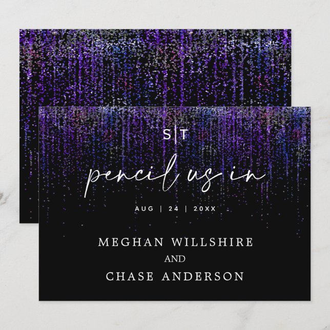 Modern Pencil Us In Edgy Purple Glitter Invitation (Front/Back)
