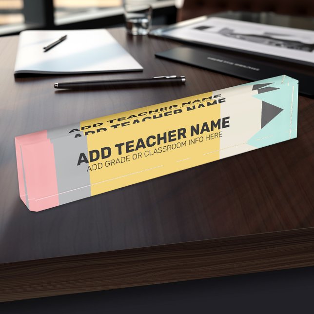 Modern Pencil with Teacher and Classroom Info Desk Name Plate (Personalized Teacher Name Plate)